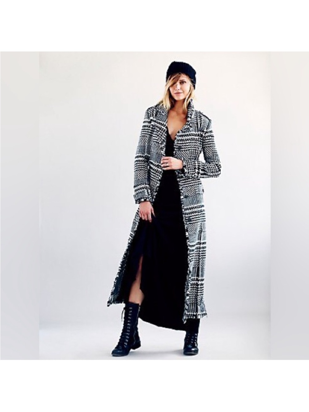 Free People houndstooth plaid midi long coat